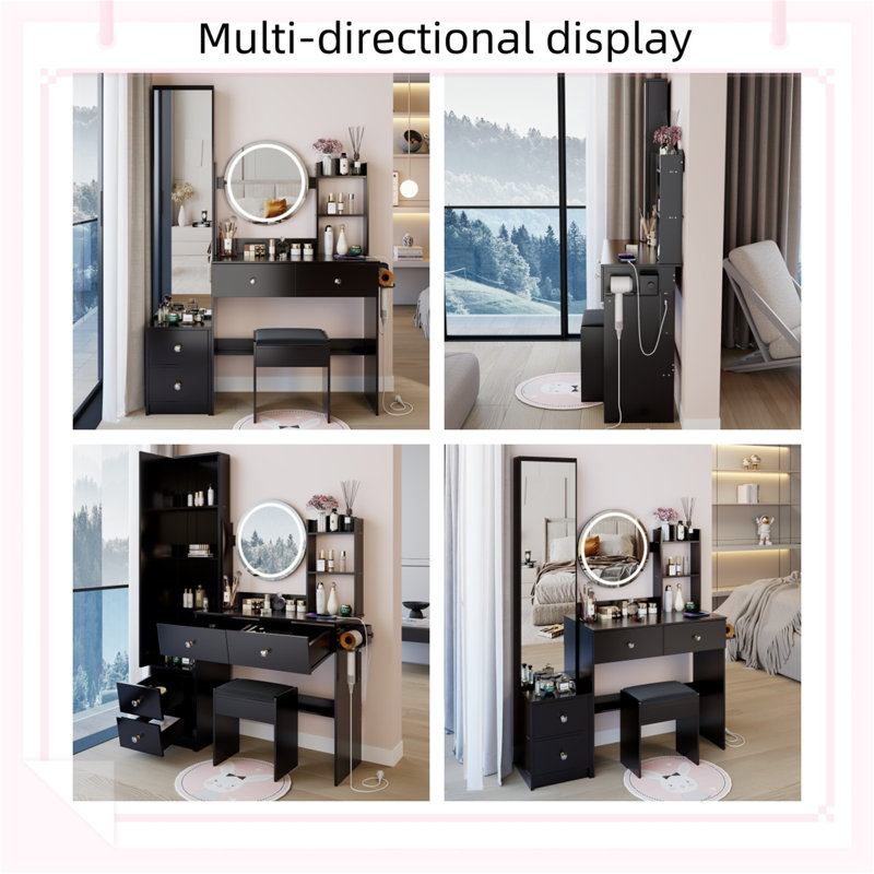   Full-length Mirror With Round Mirror And Touch-control 3-colour Adjustable Led Lights Vanity With Large Tabletop And Multi-tiered High-capacity Storage Space