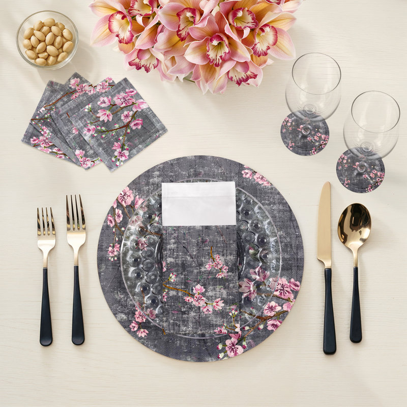 Blossom Fantasia Cotton Sateen Cocktail Napkins, Charcoal
