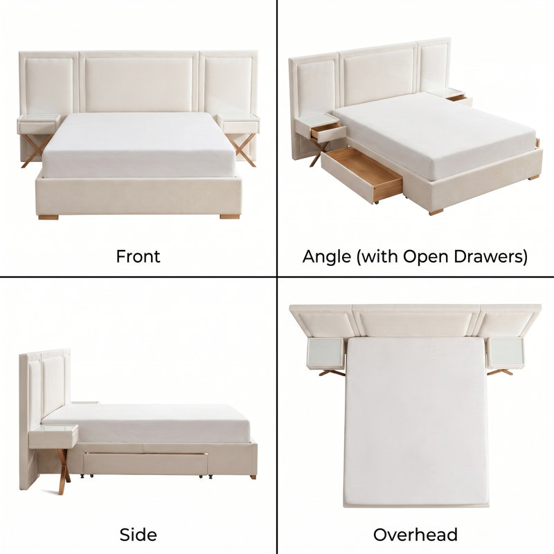 Modern Wide-Panel Upholstered Bed, Queen, White Velvet, White, Queen