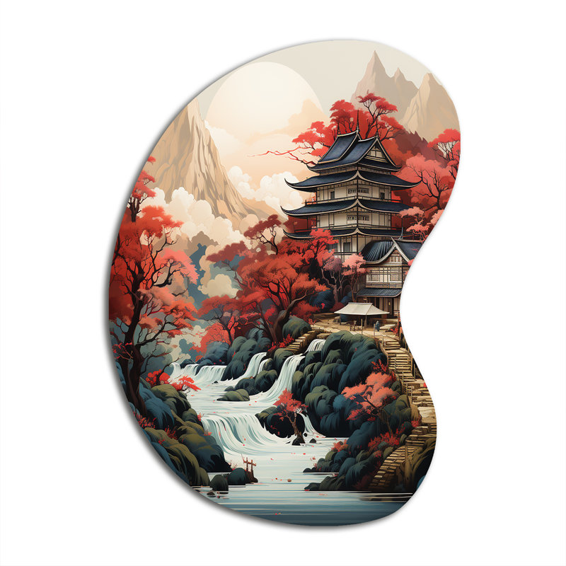 Art asiatique, paysage - forme irrégulière, art asiatique, art mural en métal, reproduction de sculpture murale asymétrique en métal