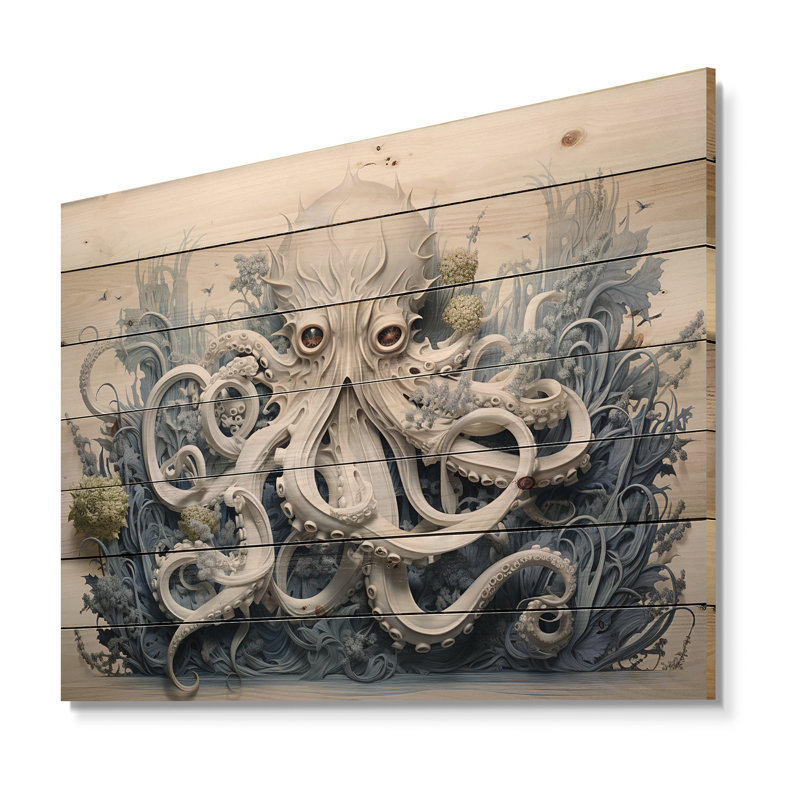 Marine Life Octopus Magic Animals - Marine Animals Wood Wall Art On Natural Pine Wood, 30" H x 40" W