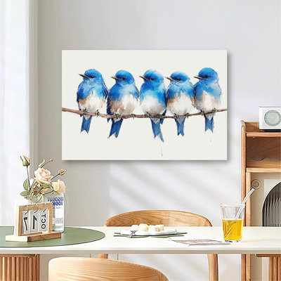 Five Watercolor Bluebirds Perched on Thin Brown Branch, Soft Sketch Bird Painting Canvas Wall Art, Nature Inspired Home Wall Decoration