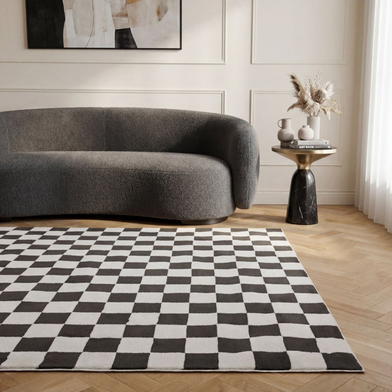 Loft Modern Checkerboard Living Room Area Rug and Runner Soft Pile, Rectangle 200 x 290 cm, Dark Grey/Ivory
