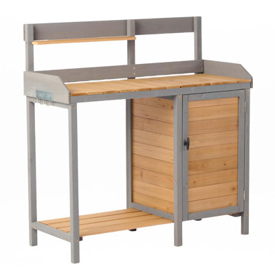 Banc de rempotage extérieur, table de poste de travail en bois avec armoire pour fournitures de jardin