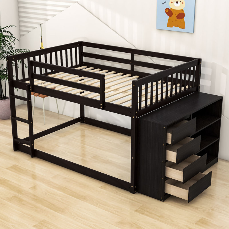 Wood Bunk Bed With Storage Drawers And Shelves, Full Over Full, Espresso