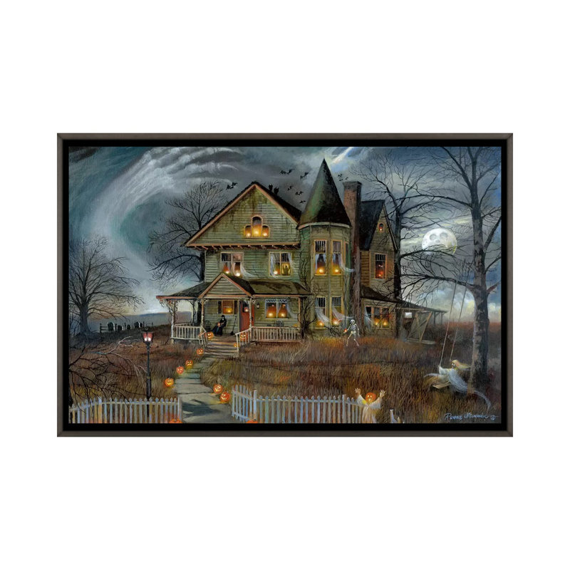 Maison hantée par Ruane Manning - reproduction d'art, H 18 po x l 26 po x P 1,5 po, Toile avec cadre gris, Aucun mat