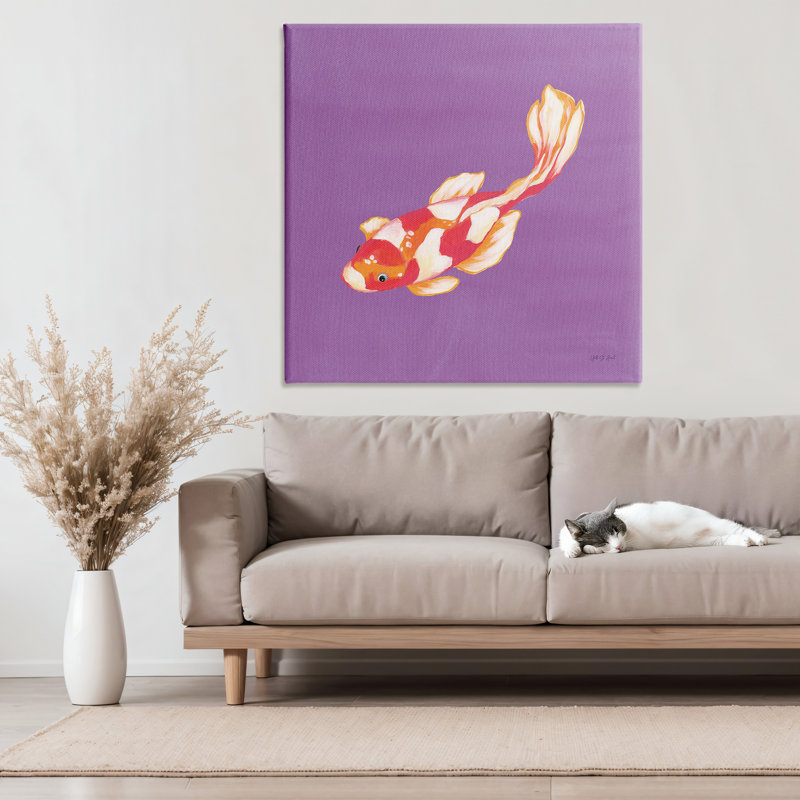 Koi coloré sur toile mauve, design par Yvette St. Amant, H 36 po x l 36 po