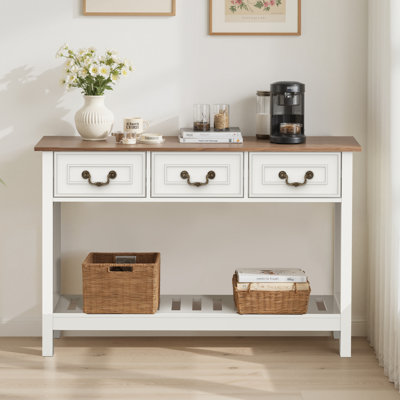 Console de ferme avec 3 tiroirs, table d'entrée de 53 po de large avec tablette de rangement ouverte, canapé long et étroit pour le salon, le couloir, derrière le canapé, canapé