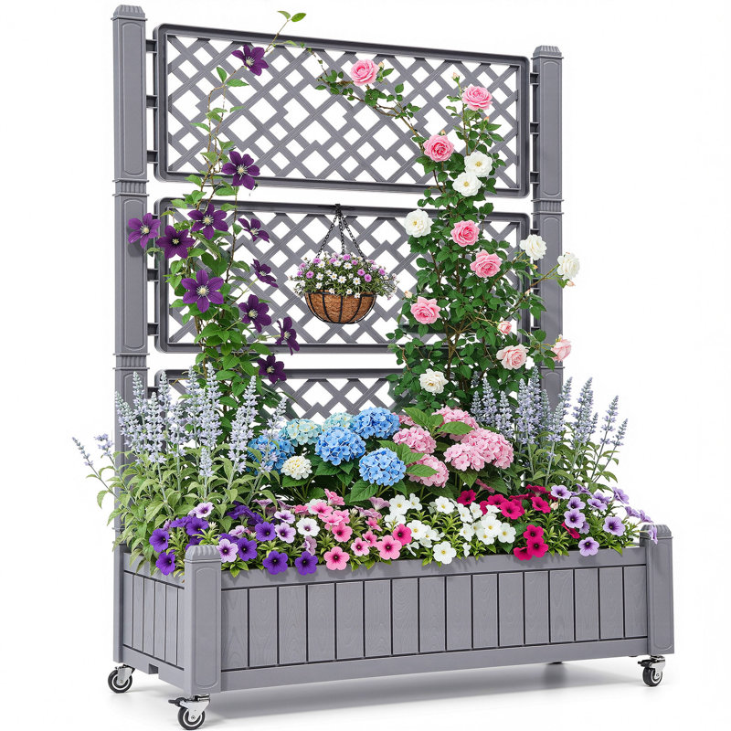 Resin Raised Garden Bed with Trellis, Light Brown