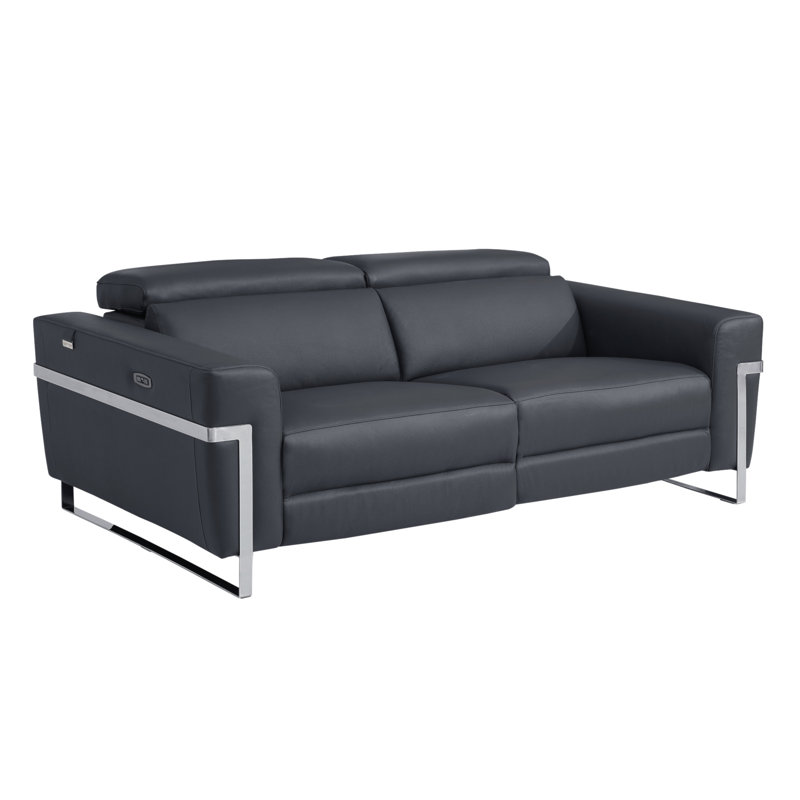 Global United Top Grain Italian Leather Sofa With Power Recliner, Dark Gray