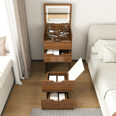 Meuble-lavabo 19 po 3 en 1 avec miroir éclairé et tabouret rabattable, pour salle de bain dans la chambre à coucher, noyer
