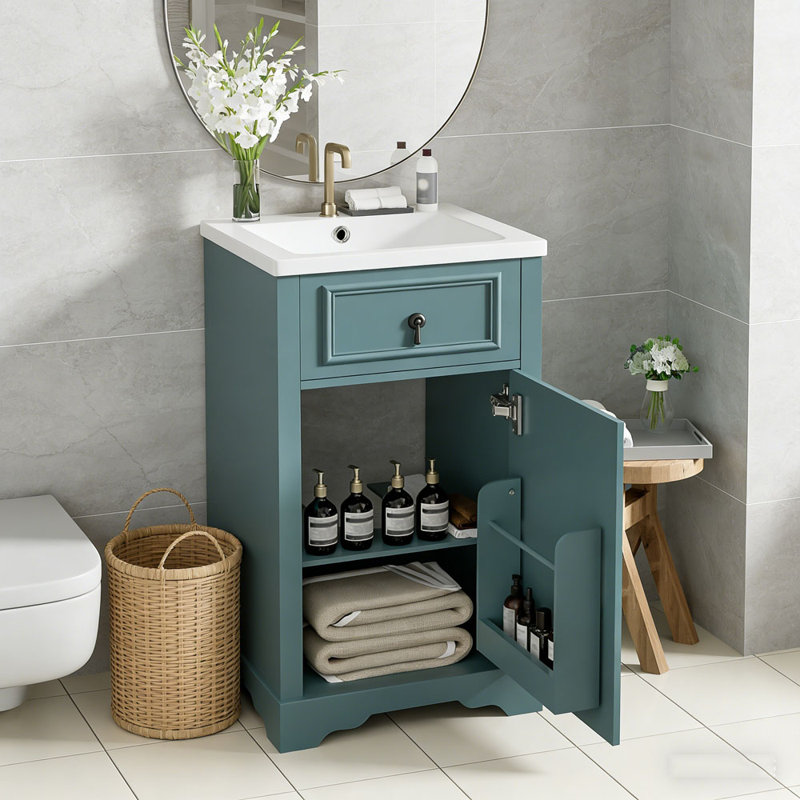 Meuble-lavabo autoportant moderne de 20 pouces avec lavabo en céramique et tablette réglable, Vert