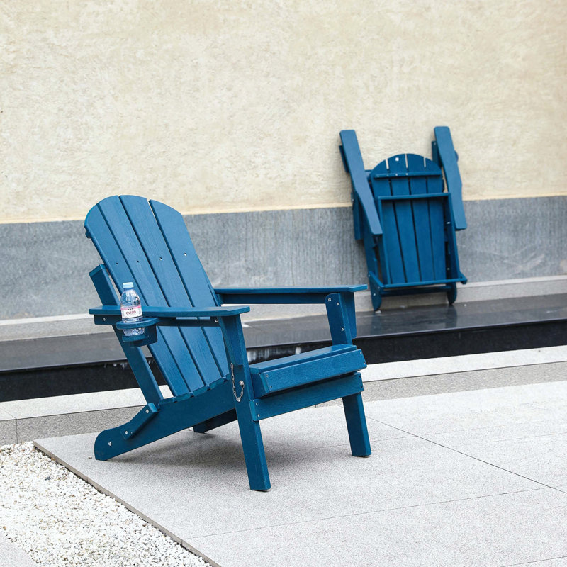 HDPE Folding Adirondack Chair with Cup Holder - Navy Blue, Navy Blue