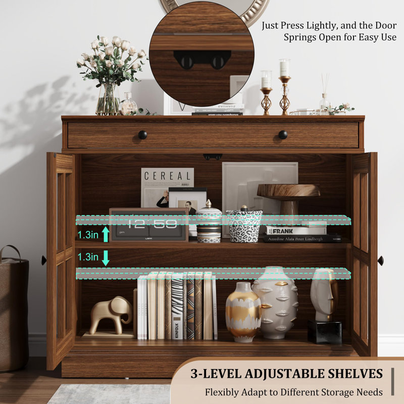 35.4 in Sideboard Buffet Cabinets with Glass Door, Buffet Cabinet with Storage, White Sideboard Cabinet with Drawer, Walnut