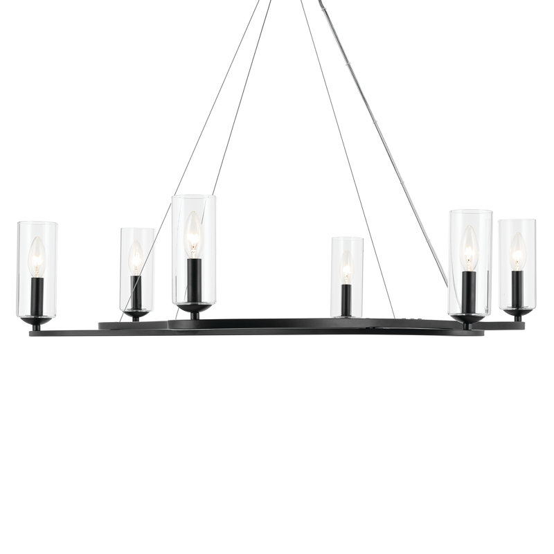 Curved Modern Chandelier with Clear Cylinder Glass, 6, Satin Black, 8.5" H x 37.75" W x 37.75" D