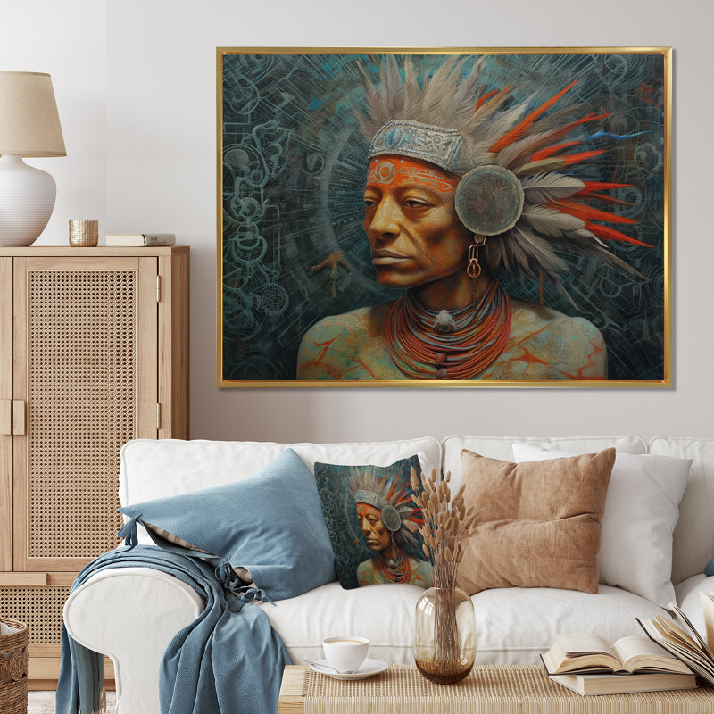 Chaman amérindien avec coiffe de plumes sur toile, H 24 po x l 32 po x P 1 po, Cadre flottant doré