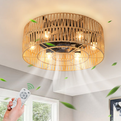 Socher 19'' Boho Rattan Caged Ceiling Fan with Light Kit and Remote