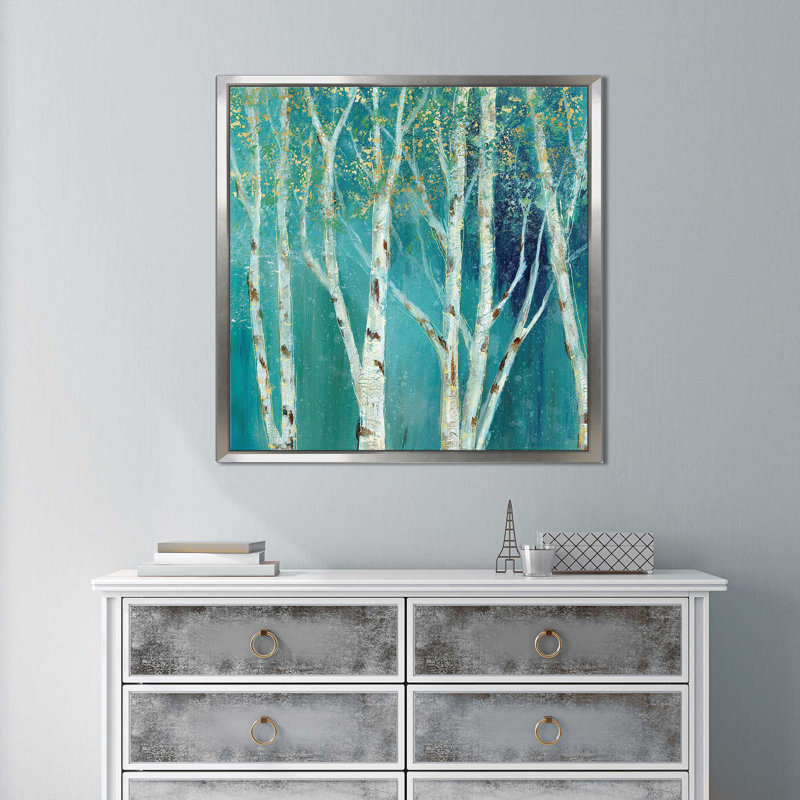 «Birch I», reproduction de peinture acrylique, H 27,5 po x l 27,5 po x P 2 po, Cadre flottant argent