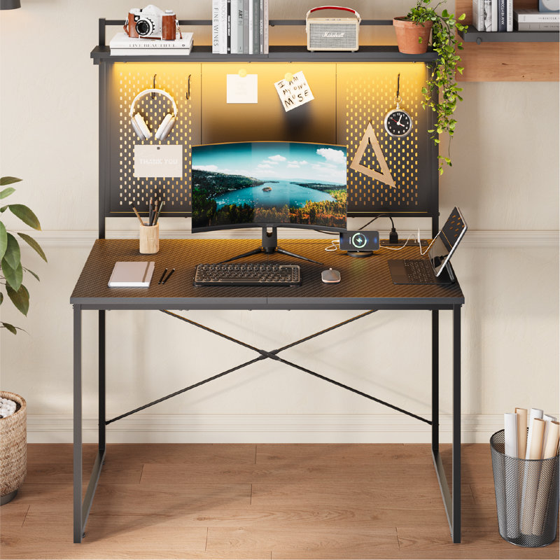 Nedyo 39''W LED Gaming Desk with Hutch and Pegboard, Computer Home Office desks with Power outlet and Shelf, Black