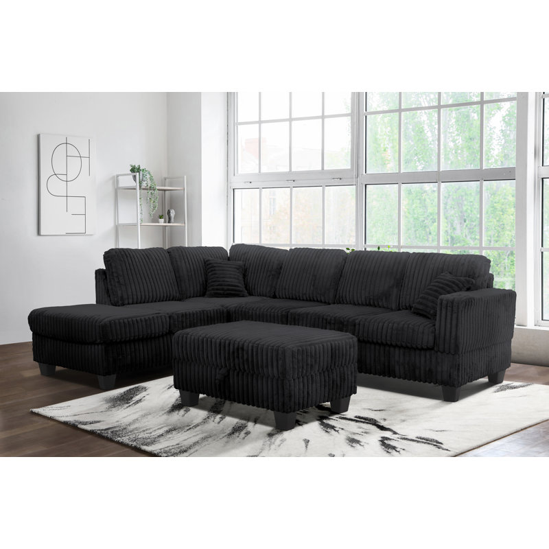 Vega 108" Faux Fur Reversible Sectional With Storage Ottoman, Black Corduroy