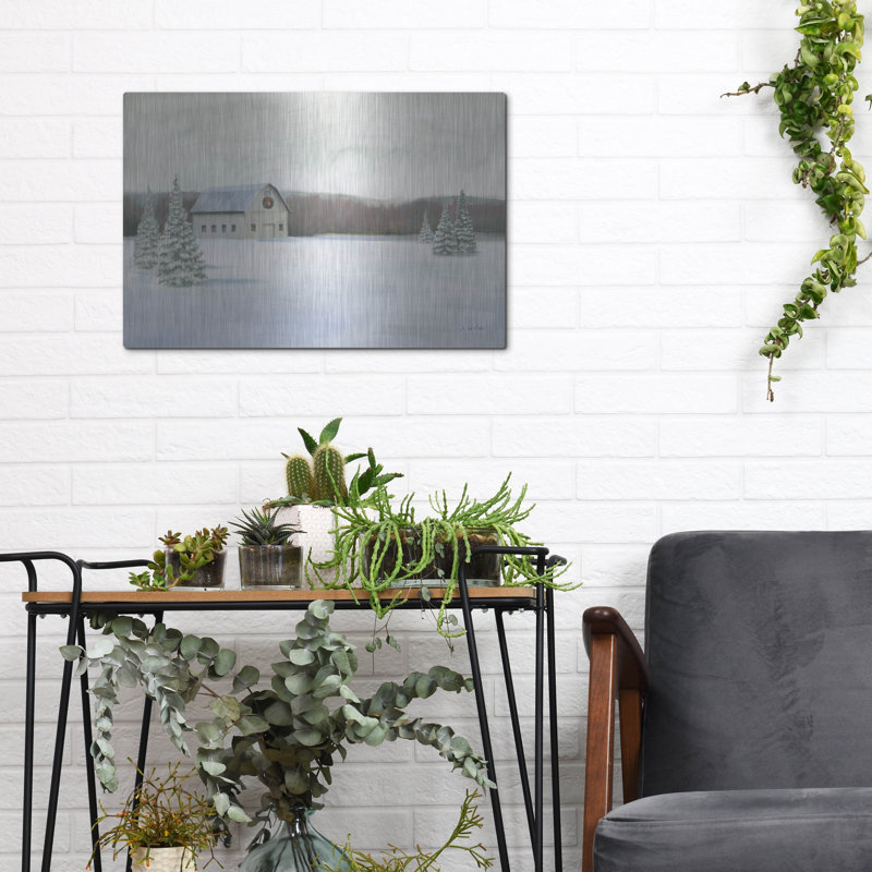 Art mural en métal Trinx «Holiday Winter Barn» par James Wiens, H 12 po x l 16 po