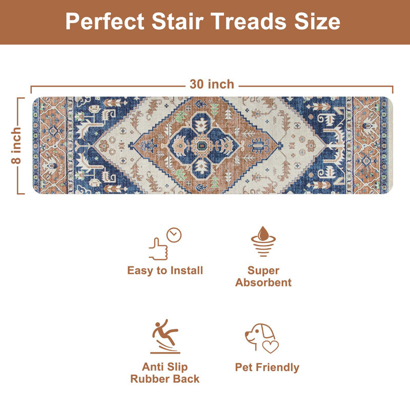Tapis d'escalier antidérapant pour marches en bois de 15, 30 po x 8 po, Bleu / brun clair