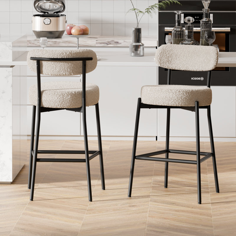 Sherpa Counter Height Bar Stools Set of 6 Modern Upholstered Barstools with Curved Open Back/Round Seat Boucle Comfortable Bar Chairs for Kitchen Island, 24.6 Inch