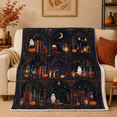 Gothic Library Halloween Blanket with Ghosts, Black Cats, Pumpkins, Potion Bottles and Moon, Flannel Throw with Vintage Bookshelf Art for Sofa Bed, 60 x 80 in