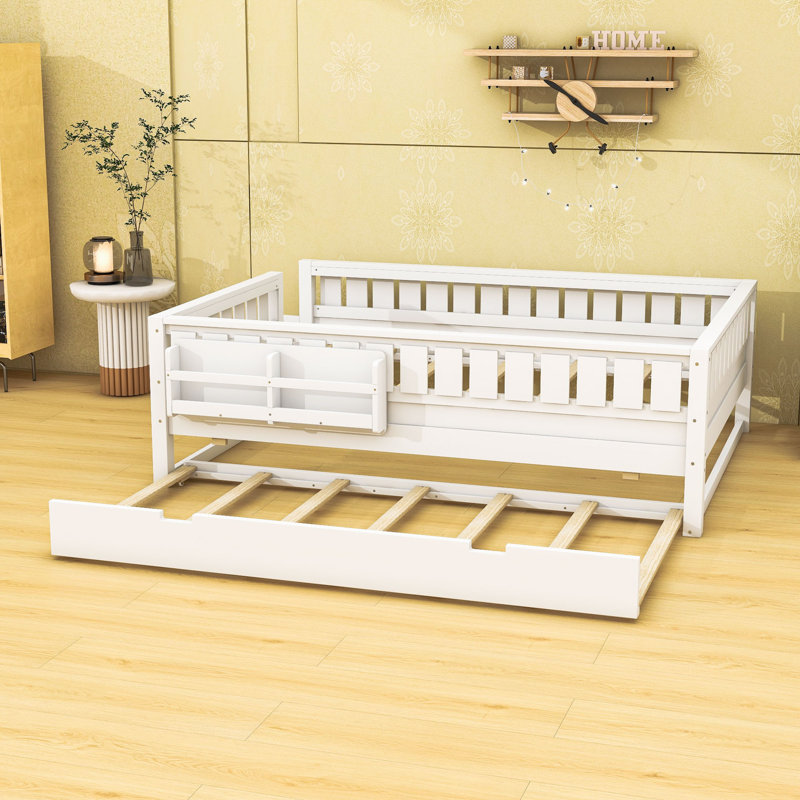 Lit plateforme en bois avec lit gigogne, bibliothèque et garde-corps, Queen, White