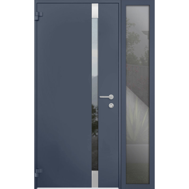 Porte d'entrée extérieure prémontée en acier Cynex 6777 grise, fenêtre latérale extérieure avec inserts en acier inoxydable, style moderne, peinte - L 36 + 14 x H 80 - Ouverture à droite vers l'intérieur