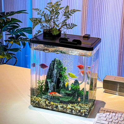 2.5 Gallon Desktop Fish Tank Kit, Small Plastic Aquarium with Decorative Rock Set, Black Cover, 7-Piece Starter Fish Tank for Goldfish, Betta, and Shrimp