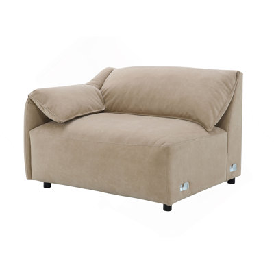 Luxurious Light Brown Suede Sectional Sofa With Feather Down Cushions And Pocket Coil Seating, Perfect For Modern Comfort And Style.