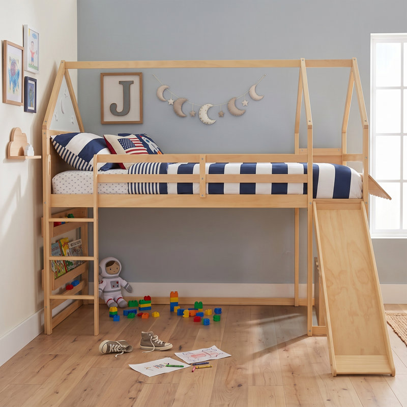 Lit mezzanine double avec glissade et rangement, couleur naturelle, Natural
