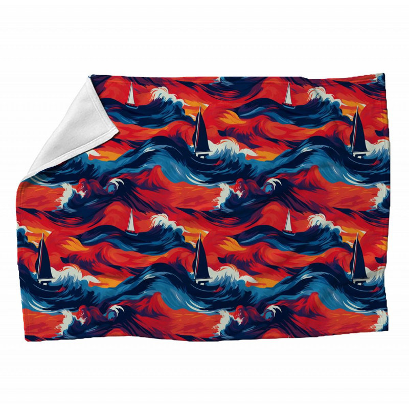 Machine Printed Throw Blanket, Geometric, 60" L x 50" W, Red/Blue/White