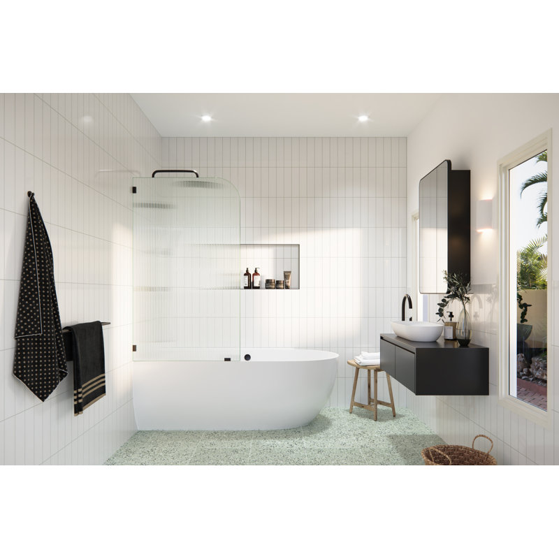 Aurora 34 in. x 58.25 in. Frameless Fluted Radius Single Fixed Bath Panel, Left Hand, Satin Brass, 34"