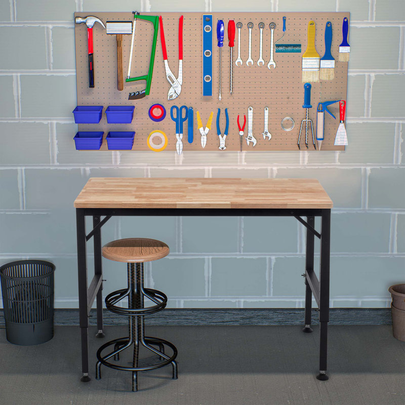 48" Heavy-Duty Adjustable Workbench for Garage, Rubber Wood Shop Table W/Rubber Pads, Hardwood Workstation Weight Capacity over 2000 Lbs