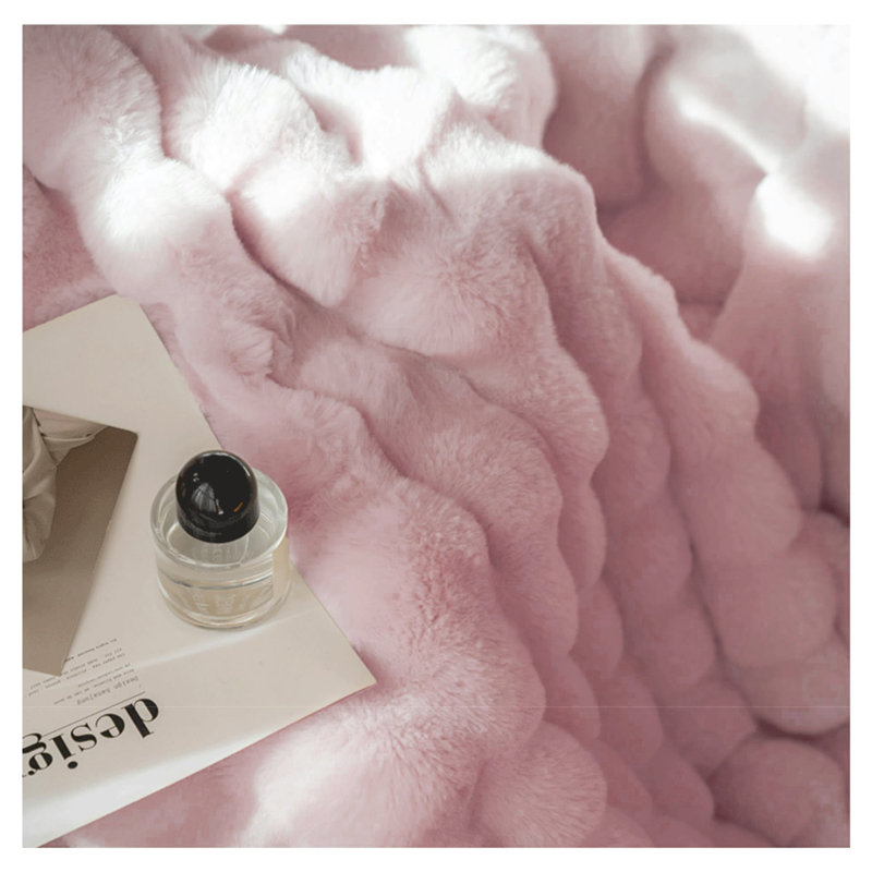 Jeté extra doux en fausse fourrure, jeté épais et chaud pour canapé-lit, fausse fourrure de lapin et flanelle, Rose