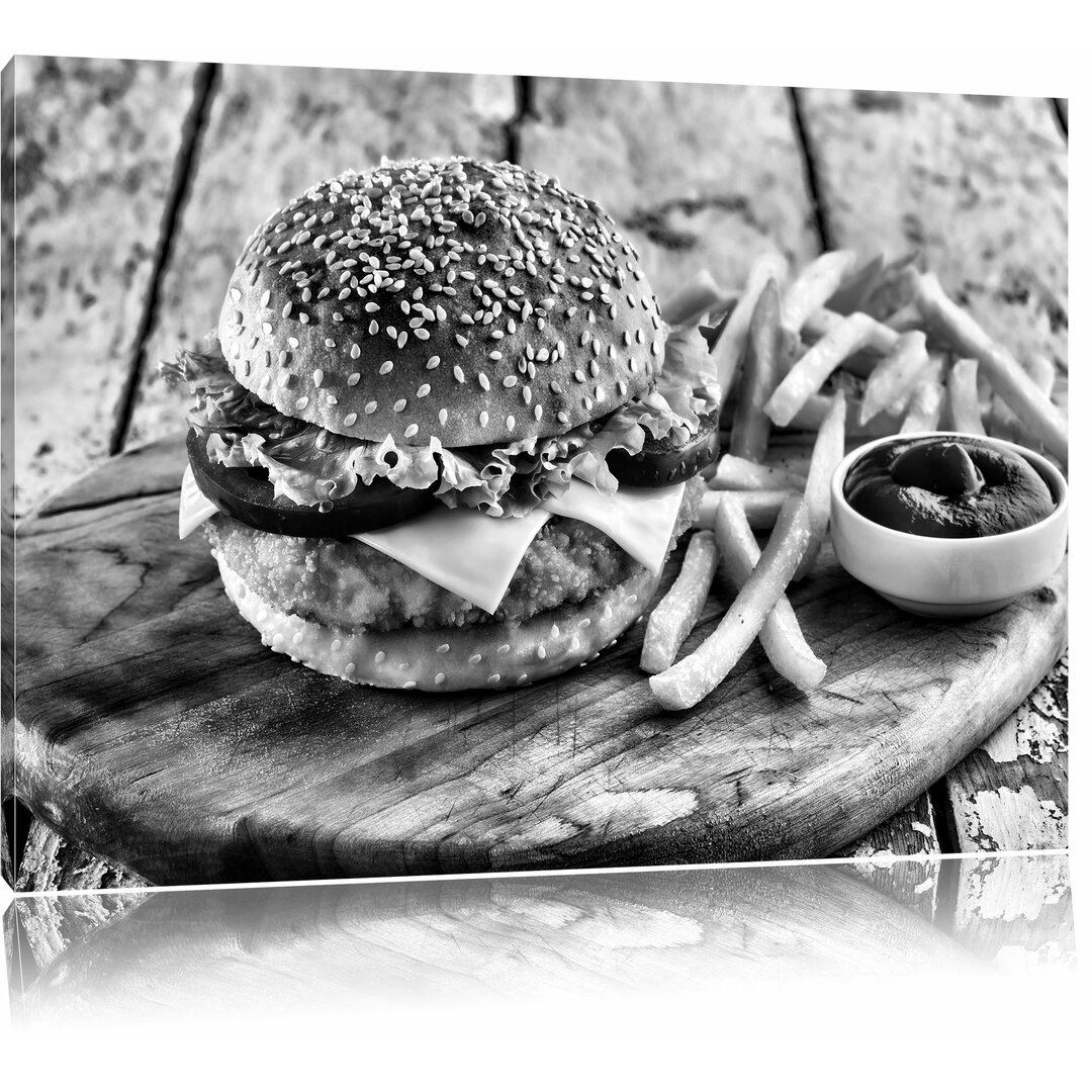 Leinwandbild Chickenburger mit Pommes in Monochrom