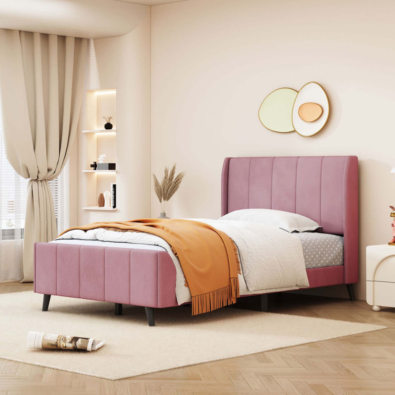 Lit plateforme tapissier, velours, Lit simple, Rose
