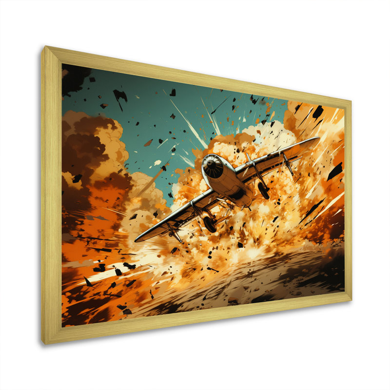 Avion qui décolle en pleine action sur toile, Cadre doré simple, H 30 po x l 40 po x P 1,5 po