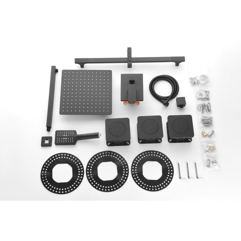 Shower System Matte Black Design. Head, Hand Shower, Slide Bar, Bodysprays, Arm, Hose, Valve Trim, Lever Handles. Recreates Rainfall. Wall Mounted. Brass Style. Natural Rainfall Feeling. Material.