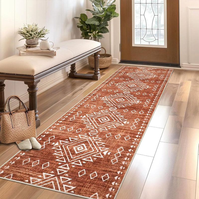 2x6 Geometric Vintage Hallway Runner Rug, Machine Washable Non-Slip Low Pile, Distressed Tribal Carpet for Entryway, Red