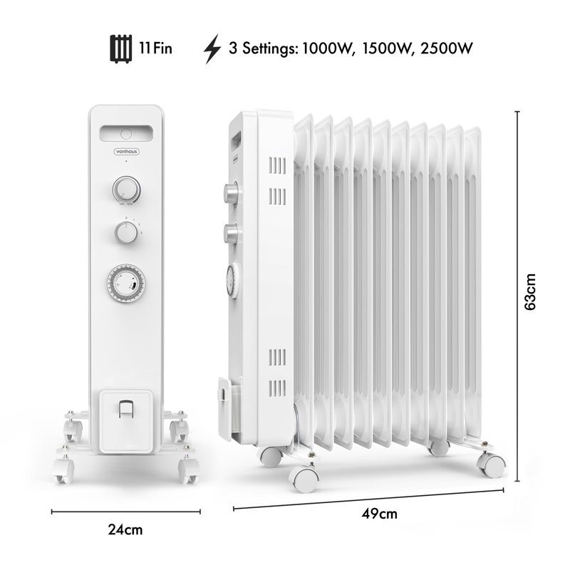 VonHaus 2500W Electric Radiator Space Heater with Adjustable Thermostat, White