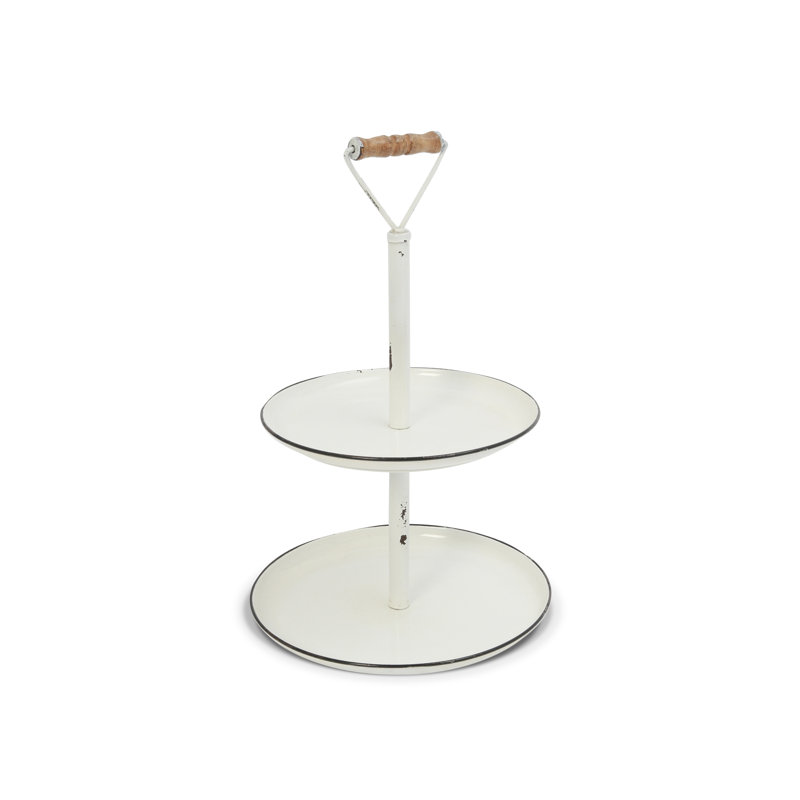 22.4-Inch Metal Two-Tiered Serving Tray – Farmhouse Enamel-Style Display Stand with Wood-Grip Handle