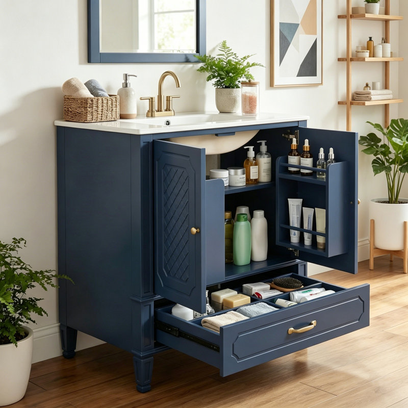 Meuble-lavabo de salle de bain avec lavabo, tiroir et 2 portes à fermeture en douceur, Blue