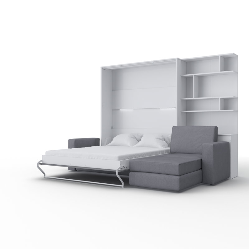Aubri Upholstered Murphy Bed, White/Light Grey