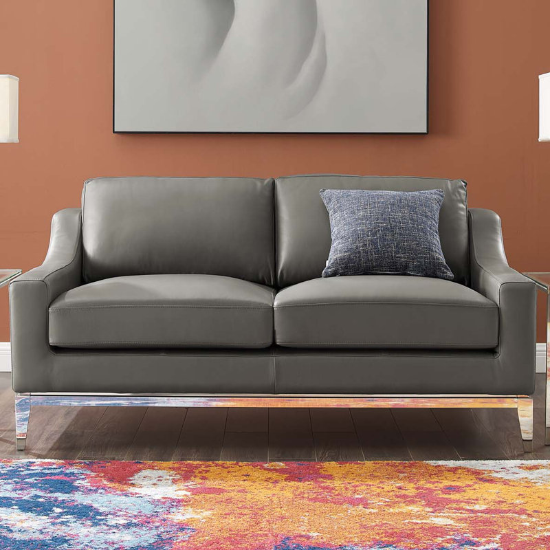Strick & Bolton Hollebon Stainless Steel/ Leather Loveseat by Modway, Gray Genuine Leather