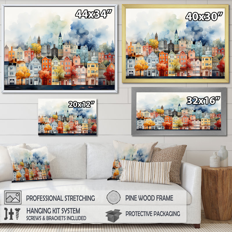 «Popart Cityscape Urban Fog II - City Buildings», art encadré, H 12 po x l 20 po x P 1 po, Cadre flottant doré