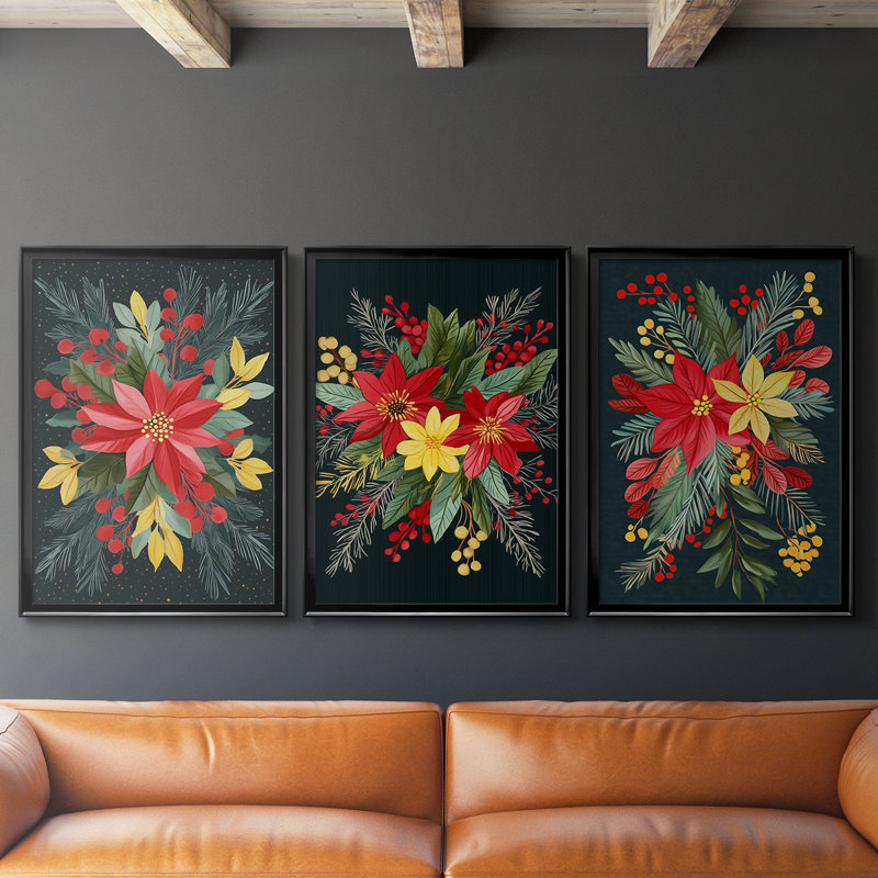 Christmas Holiday Art CVIII  -Custom Framed  Wrapped Gallery Canvas - 3 Pieces, Black, 30" H x 63" W