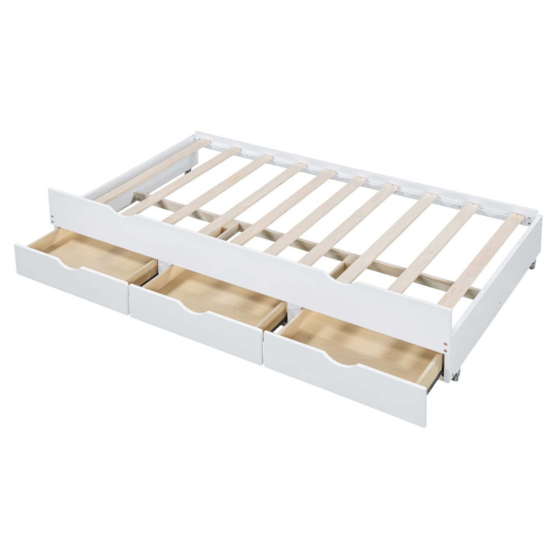 Lit plateforme en bois avec lit gigogne et tête de lit à DEL avec tiroirs, Lit double, Blanc